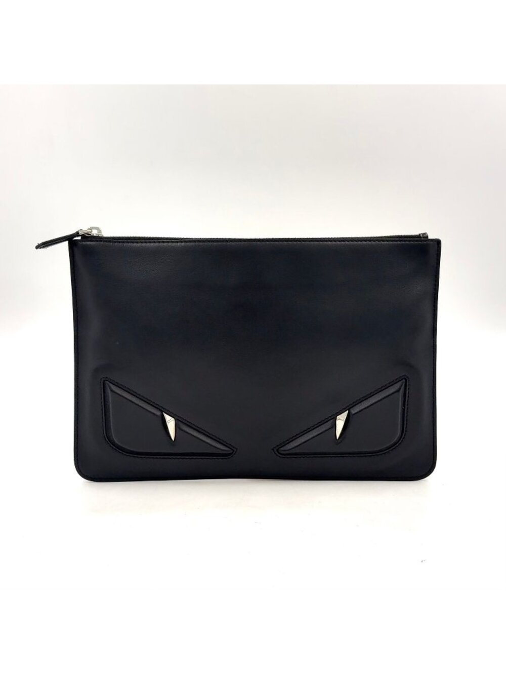 Fendi Bugs Monster Flat Slim Leather Black Clutch Silver